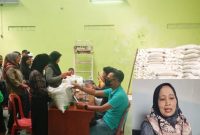 Warga Desa Kutamandiri Kecamatan Tanjungsari menerima bantuan beras, Kades Agustina mengatakan penentuan penerima bantuan bukan dari pihak desa ( Dok.Hariansumedang.com / Dody Nsh )