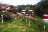 Di salah satu lokasi di Desa Cilayung Kecamatan Jatinangor, sebuah taman pinggir jalan raya salah satunya berhias galon-galon bekas air minum. ( Dok.Hariansumedang.com / Tatang )