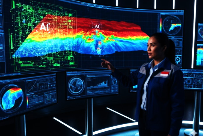 Visualisasi data seismik 3D yang kompleks, dengan algoritme AI yang menyoroti potensi cadangan minyak dan gas (aici-umg.com)