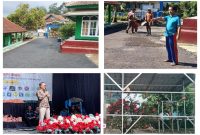 Dua foto atas tentang pengerjaan hotmik halaman depan sekolah, foto kiri bawah kunjungan Kadisdik ke SMPN 2 Rancakalong, foto bawah kanan bangunan aviary menambah asri sekolah