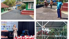 Dua foto atas tentang pengerjaan hotmik halaman depan sekolah, foto kiri bawah kunjungan Kadisdik ke SMPN 2 Rancakalong, foto bawah kanan bangunan aviary menambah asri sekolah