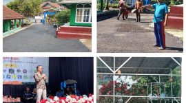 Dua foto atas tentang pengerjaan hotmik halaman depan sekolah, foto kiri bawah kunjungan Kadisdik ke SMPN 2 Rancakalong, foto bawah kanan bangunan aviary menambah asri sekolah