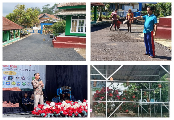 Dua foto atas tentang pengerjaan hotmik halaman depan sekolah, foto kiri bawah kunjungan Kadisdik ke SMPN 2 Rancakalong, foto bawah kanan bangunan aviary menambah asri sekolah