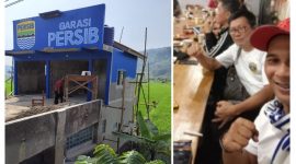Garasi Persib yang dibangun Jatnika Pria Utama dari kocek sendiri (kiri) Jatnika Pria Utama bersama komunitas Bobotoh Kolot Sumedang (kanan)