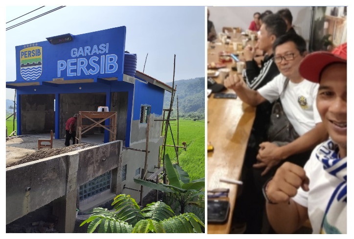 Garasi Persib yang dibangun Jatnika Pria Utama dari kocek sendiri (kiri) Jatnika Pria Utama bersama komunitas Bobotoh Kolot Sumedang (kanan)