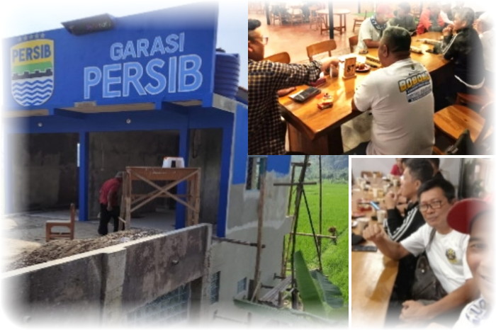 Garasi Persib di Desa Baginda Kecamatan Sumedang Selatan yang dibangun dengan dana besar (kiri). Para Bobotoh Kolot atau Boboko rutin bertemu untuk membicarakan pendukungan Persib ( Dok.hariansumedang.com / Tatang Tarmedi )