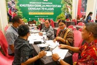 Suasana diskusi kelompok para pendeta dari 78 klasis di Papua Barat Daya dalam menyusun materi khotbah untuk mendorong penyelamatan hutan Papua. Kegiatan yang diselenggarakan IRI Indonesia ini berlangsung di Kota Sorong, Papua Barat Daya, Kamis (3/9/2026).